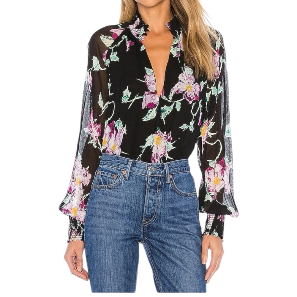A.L.C. Black Floral Split-Neck Blouse
